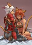  animal_ears armor ass bad_id bad_pixiv_id bare_shoulders bed bikini blue_eyes brown_hair cat_ears cat_tail feet final_fantasy final_fantasy_xi kneeling looking_back mithra multiple_girls navel scorpion_harness short_hair suzuno_(bookshelf) swimsuit tail tail_through_clothes white_hair 