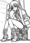  bangs boots breasts camera copyright_request greyscale light_smile looking_at_viewer matsuryuu monochrome navel short_hair sitting sleeveless solo treasure_chest 
