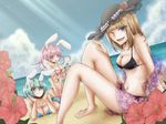  animal_ears aqua_hair bad_feet bare_legs bare_shoulders beach bikini blue_eyes bottle breasts bunny_ears chiester410 chiester45 chiester_sisters cleavage cloud day eva_beatrice flower frills fuji_meno hat hibiscus large_breasts light_rays multiple_girls ocean orange_hair pink_hair red_eyes rose scarf sun_hat sunbeam sunlight swimsuit umineko_no_naku_koro_ni 