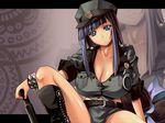  bangs bdsm belt black_legwear blue_eyes blue_hair blunt_bangs boots bow bracelet breasts cleavage cuffs dominatrix fuutou_shizune hair_bow handcuffs hat head_tilt highres huge_breasts jewelry knee_boots letterboxed long_hair looking_at_viewer midriff nagahama_megumi oshioki_sweetie peaked_cap police police_uniform policewoman ponytail short_shorts shorts sidelocks sitting smile solo spiked_bracelet spikes spread_legs studded_belt uniform very_long_hair wallpaper weapon zoom_layer 