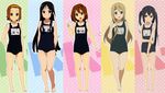  akiyama_mio artist_request barefoot black_eyes black_hair black_school_swimsuit blonde_hair blue_eyes brown_eyes brown_hair feet highres hirasawa_yui jpeg_artifacts k-on! kotobuki_tsumugi multiple_girls nakano_azusa one-piece_swimsuit rainbow_background school_swimsuit swim_cap_removed swimsuit tainaka_ritsu twintails v 