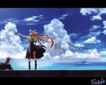  1girl air artist_request blonde_hair blue_sky cloud copyright_name day floating_hair from_behind full_body horizon kamio_misuzu kunisaki_yukito letterboxed long_hair outdoors outstretched_arms sky standing very_long_hair wallpaper wind 
