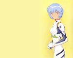  ass ayanami_rei bangs blue_hair bodysuit bracer breasts cowboy_shot expressionless flat_ass from_side gloves hair_ornament hands_clasped hands_together looking_at_viewer looking_back neon_genesis_evangelion number own_hands_together pilot_suit plugsuit red_eyes short_hair simple_background skinny small_breasts solo standing turtleneck wallpaper yellow_background 