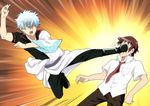  crossover flying_kick gintama hadanugi_dousa japanese_clothes kicking kimono kyon long_sleeves male_focus maruki_(punchiki) multiple_boys sakata_gintoki seiyuu_connection short_sleeves sugita_tomokazu suzumiya_haruhi_no_yuuutsu 