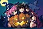  bent_over black_hair blush bosshi cape cosplay crescent cross demon_girl elbow_gloves full_moon gloves glowing graveyard green_eyes grin hair_bobbles hair_ornament hair_ribbon halloween hat horns jack-o'-lantern kneeling leaning_forward moe_(bosshi) moon multiple_girls night night_sky on_ground open_fly original outdoors pink_hair pumpkin red_eyes ribbon short_hair short_shorts short_twintails shorts sky smile thigh_strap twintails unzipped wand witch witch_hat yu_(bosshi) 