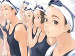  brown_eyes brown_hair face flat_chest forehead gagraphic goggles goggles_on_head grin hands kamo_(gafas) multiple_girls one-piece_swimsuit one_eye_closed open_mouth original school_swimsuit shouting smile swim_cap swimsuit wallpaper watermark 
