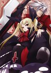  1girl blazblue blazblue:_calamity_trigger blonde_hair bow frills grey_hair hair_ribbon highres mori_toshimichi nago official_art rachel_alucard ragna_the_bloodedge red_bow red_eyes ribbon sword twintails weapon 