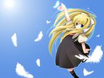  air arm_up black_dress blonde_hair blue_background blue_eyes bow dress feathers hair_bow highres kamio_misuzu long_hair natsume_eri necktie socks solo very_long_hair 