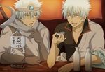  alcohol blue_eyes cape drinking drunk gintama hadanugi_dousa headband japanese_clothes kimono leukocyte_king long_sleeves male_focus maruki_(punchiki) multiple_boys red_eyes sakata_gintoki sake short_sleeves silver_hair sword weapon 