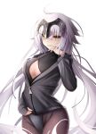  1girl a_shui absurdres bangs black_jacket breasts brown_legwear fate/grand_order fate_(series) grey_leotard headpiece highleg highleg_leotard highres jacket jeanne_d&#039;arc_(alter)_(fate) jeanne_d&#039;arc_(fate) large_breasts leotard long_hair long_sleeves looking_at_viewer pantyhose silver_hair smile solo very_long_hair yellow_eyes zipper 