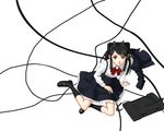 artist_request black_hair cable copyright_request fax_machine hair_ribbon jacket mary_janes red_eyes ribbon shoes skirt socks solo twintails 