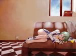  barefoot bird boots couch duck eureka eureka_seven eureka_seven_(series) green_hair hair_ornament hairclip highres indoors kataoka_jinsei lying official_art purple_eyes shoes single_shoe solo window 