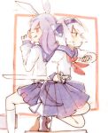  2girls :q animal_ears ascot bangs blue_bow blue_hairband blue_ribbon blue_skirt blush bob_cut bow eyebrows_visible_through_hair green_eyes hair_ribbon hairband katana konpaku_youmu long_hair multiple_girls pleated_skirt purple_hair rabbit_ears red_ascot red_eyes reisen_udongein_inaba ribbon shirt short_hair silver_hair skirt socks sorani_(kaeru0768) sword tongue tongue_out touhou weapon white_background white_legwear white_shirt 