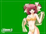  ahoge artist_name bikini brown_eyes clover_(game_cg) collarbone copyright_name cowboy_shot green_background hair_ribbon highres looking_at_viewer navel nishimata_aoi orange_bikini polka_dot polka_dot_bikini polka_dot_swimsuit red_hair ribbon simple_background solo swimsuit towel two_side_up wallpaper white_ribbon 