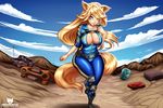  animal_humanoid anthro big_breasts bodysuit breasts cat_humanoid clothing feline female hair hotbento humanoid long_hair looking_at_viewer mammal one_eye_closed outside skinsuit smile solo standing thick_thighs tight_clothing wide_hips 