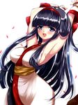  ainu_clothes amatsuba_mimina armpits arms_up black_hair blue_eyes blush breasts fingerless_gloves gloves highres hime_cut medium_breasts nakoruru open_mouth samurai_spirits sash sideboob solo 