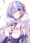  black_dress blood blood_on_face blood_splatter blue_eyes blue_hair blush breasts detached_sleeves dress frills glowing_horn hair_ornament hair_over_one_eye horn looking_at_viewer maid maid_headdress medium_breasts parted_lips re:zero_kara_hajimeru_isekai_seikatsu rem_(re:zero) ribbon short_hair solo u35 x_hair_ornament 