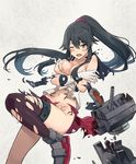  asymmetrical_legwear black_hair black_legwear blush breasts brown_eyes cleavage collarbone covering covering_breasts exploding_clothes ezusuke gloves kantai_collection large_breasts long_hair machinery navel one_eye_closed open_mouth ponytail school_uniform scrunchie serafuku sidelocks single_thighhigh skirt solo sweat thighhighs turret very_long_hair white_gloves yahagi_(kantai_collection) 
