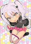  :d blush breasts char chloe_von_einzbern dark_skin fate/kaleid_liner_prisma_illya fate_(series) grey_hair looking_at_viewer open_mouth sitting sketch small_breasts smile solo sweater thighhighs twintails wariza white_legwear yellow_eyes 
