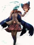  2016 black_legwear blue_bow bow cape commentary_request dated disembodied_head grey_shirt hair_bow headless high_collar houdukixx long_sleeves looking_at_viewer navel pantyhose red_eyes red_hair red_skirt sekibanki shirt short_hair signature skirt smile solo touhou 