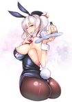  alcohol alternate_costume animal_ears ass black_legwear black_leotard blue_eyes breasts bunny_ears bunny_girl bunny_tail bunnysuit condom cropped_legs detached_collar finger_licking from_behind hair_between_eyes highres kagami_uekusa kantai_collection kashima_(kantai_collection) large_breasts leotard licking long_hair looking_at_viewer open_mouth pantyhose sideboob silver_hair solo tail tongue tongue_out tray twintails wavy_hair wrist_cuffs wristband 