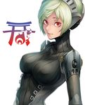  absurdres bodysuit breasts covered_nipples green_hair highres large_breasts looking_at_viewer no_bra persona persona_4 persona_4:_the_ultimate_in_mayonaka_arena raised_eyebrows red_eyes short_hair smile solo unit_#024 upper_body white_background yuuten 