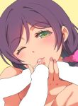  1girl between_fingers censored deyuuku green_eyes hair_ornament hair_scrunchie hetero long_hair love_live! love_live!_school_idol_project multiple_penises nail_polish nude one_eye_closed parted_lips penis pink_nails pink_scrunchie portrait purple_hair saliva saliva_trail scrunchie simple_background solo_focus toujou_nozomi twintails yellow_background 