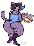  2018 alpha_channel anthro big_butt black_hair black_nose blush butt cat catty_(undertale) claws clothed clothing ear_piercing eyelashes fangs feline female food fur hair legwear looking_back mammal multicolored_hair newtype_hero on_one_leg open_mouth overalls pawpads piercing pizza pizza_box purple_fur raised_tail rear_view socks solo standing surprise sweat teeth thick_thighs two_tone_hair undertale video_games wide_hips yellow_sclera 