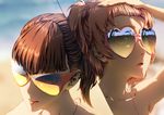  artstation_sample bangs bare_shoulders blunt_bangs brown_eyes brown_hair collarbone earrings eyelashes face hand_in_hair hand_on_head heart heart-shaped_eyewear highres image_sample jay_zhang jewelry looking_at_viewer multiple_girls original pink_hair ponytail siblings side_ponytail sisters stud_earrings sunglasses tongue tongue_out twins yellow_eyes 