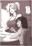  bangs bare_shoulders blush braid breasts chair cleavage collarbone dress eyebrows eyebrows_visible_through_hair gggg hair_ornament hair_tie hair_tubes highres keyboard_(computer) large_breasts mercy_(overwatch) monitor monochrome mouse_(computer) multiple_girls open_mouth overwatch paper pharah_(overwatch) ponytail sash short_hair side_braids sidelocks sleeveless sleeveless_dress smile swivel_chair table tank_top teeth younger 
