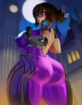  1girl ass backless blush bodysuit brown_eyes brown_hair erect_nipples female glasses huge_breasts lips mei_(overwatch) moon overwatch solo tagme thick_thighs wide_hips widowmaker_(overwatch) 