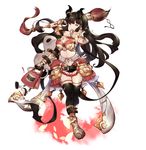  1girl artist_name bad_id bad_pixiv_id belt black_gloves black_hair black_legwear breasts cleavage demon_horns elbow_gloves eyewear_removed full_body glasses gloves horns large_breasts leg_belt long_hair looking_at_viewer mania_(fd6060_60) mcdonald's midriff navel open_mouth original oversized_object paintbrush pink_eyes solo standing thighhighs very_long_hair 