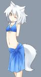  animal_ears arms_behind_back blush bow collarbone grey_background inubashiri_momiji kaginoni looking_at_viewer midriff navel one_eye_closed short_hair simple_background solo standing tail touhou white_hair wolf_ears wolf_tail 