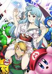  2boys :d ? belt blonde_hair blue_hair blush blush_stickers breasts carrying cleavage commentary crossover doubutsu_no_mori draw-till-death elf english_commentary fingerless_gloves gloves grin hat highres japanese_clothes kimono kirby kirby_(series) kiriha_(tsugumomo) link long_hair looking_at_viewer mario_(series) medium_breasts multiple_boys obi off_shoulder one_eye_closed open_mouth pac-man pac-man_(game) pointy_ears red_eyes rockman rockman_(character) sash shoulder_carry smile sonic sonic_the_hedgehog spoken_object spoken_panties super_mario_bros. super_smash_bros. teeth the_legend_of_zelda the_legend_of_zelda:_twilight_princess tsugumomo v-shaped_eyebrows villager_(doubutsu_no_mori) yoshi 