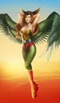  bodysuit boots breasts cleavage cloud dc_comics earrings feathered_wings feathers hawkgirl highres jewelry justice_league large_breasts long_hair orange_hair sky solo teeth weijic wings 