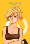  bad_id bad_twitter_id bare_shoulders blonde_hair blue_eyes blush bosong_beoseot breasts character_name clipboard closed_mouth clover collarbone crossed_arms emblem large_breasts lipstick looking_at_viewer makeup mercy_(overwatch) orange_background overwatch ponytail simple_background smile solo tank_top upper_body 