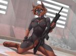  2016 anthro assault_rifle breasts canine clothing doberman dog domina female fingerless_gloves gloves gun mammal nipples pussy ranged_weapon rifle solo twinkle-sez weapon 