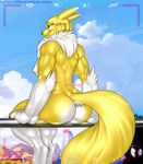  2016 anthro breasts butt canine digimon female fox fur mammal nipples renamon solo thunder-renamon white_fur yellow_fur 