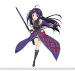  black_footwear black_hair boots breastplate brown_eyes detached_sleeves fingerless_gloves full_body gloves hairband holding holding_sword holding_weapon knee_boots long_hair looking_at_viewer official_art open_mouth pointy_ears purple_gloves simple_background solo sword sword_art_online sword_art_online:_code_register watermark weapon white_background yuuki_(sao) 