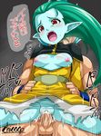  1girl artist_name blue_hair blue_skin breasts censored chicago-x clothed_female_nude_male dragon_ball_heroes green_hair long_hair nipples open_mouth pointy_ears putine_(dragon_ball) red_eyes sex torn_clothes translation_request vaginal 