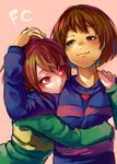  androgynous blue_shirt brown_eyes brown_hair chara_(undertale) chromatic_aberration frisk_(undertale) green_shirt heart heart_necklace highres hug jewelry multiple_others necklace pink_background protected_link red_eyes shirt short_hair shousan_(hno3syo) tan undertale wavy_mouth 
