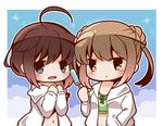  ahoge alternate_costume bloom2425 blue_eyes braid brown_eyes brown_hair chibi commentary_request double_bun food hair_bun hair_over_shoulder hair_ribbon kantai_collection long_hair looking_at_viewer michishio_(kantai_collection) multiple_girls open_mouth popsicle ribbon shigure_(kantai_collection) short_hair short_sleeves single_braid 