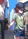  androgynous baseball_cap brown_hair chara_(undertale) collarbone dating eating food hat highres holding_hands papyrus_(undertale) popsicle red_eyes short_hair shorts shousan_(hno3syo) skeletal_arm sweatdrop thigh_gap tongue tongue_out undertale 