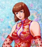  anna_williams bangs bare_shoulders blue_eyes bob_cut breasts brown_hair china_dress chinese_clothes cleavage cleavage_cutout dress elbow_gloves eyebrows gloves lipstick makeup nardo red_dress short_hair signature solo tekken 