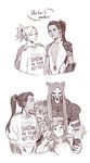  2koma 4girls animal_hood animal_print arm_strap arm_tattoo armor armored_dress artist_request body_writing bodysuit bracer breasts bunny_print cat_hood cat_print cellphone center_opening closed_eyes clothes_writing collarbone comic d.va_(overwatch) earrings facial_mark facial_tattoo gauntlets gloves goggles hair_ornament hair_pulled_back hair_tie headphones highres hood jewelry long_hair mask medium_breasts mercy_(overwatch) monochrome multiple_girls open_mouth overwatch pauldrons phone pilot_suit ponytail reaper_(overwatch) ribbed_bodysuit self_shot short_hair shotgun_shells simple_background skull_mask smile spiked_hair stud_earrings sweater tattoo tracer_(overwatch) trench_coat turtleneck v vambraces whisker_markings white_background widowmaker_(overwatch) 
