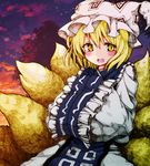  animal_ears blonde_hair blush dress fox_ears fox_tail hands_in_opposite_sleeves hat long_sleeves looking_at_viewer mob_cap multiple_tails open_mouth outdoors pillow_hat reymu short_hair sky smile solo tabard tail tassel touhou upper_body white_dress wide_sleeves yakumo_ran yellow_eyes 