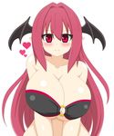  bandeau bat_wings bikini blush breasts cleavage commentary_request head_wings heart huge_breasts koakuma long_hair looking_at_viewer navel o-ring o-ring_bikini o-ring_top red_eyes red_hair smile solo swimsuit touhou wings ym11 