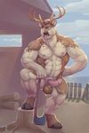  2016 abs anthro antlers axe balls cervine deer hi_res hooves horn male mammal melee_weapon muscular nipples nude pecs penis rrowdybeast solo weapon wood 
