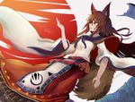  2016 animal_ears brooch brown_hair capelet commentary_request dated embellished_costume from_side hair_ornament houdukixx imaizumi_kagerou jewelry long_hair profile red_eyes sash signature smile solo tail touhou traditional_clothes wide_sleeves wolf_ears wolf_tail 