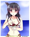  :d adapted_costume alternate_costume bare_arms bare_shoulders bikini bikini_skirt black_hair blush breasts cleavage commentary_request hair_ornament kantai_collection large_breasts looking_at_viewer navel one-piece_swimsuit open_mouth red_eyes sakura_umi shaved_ice short_hair smile swimsuit twitter_username white_bikini yamashiro_(kantai_collection) 